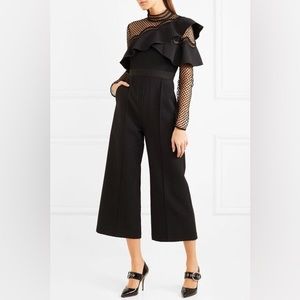 Self-Portrait Black Cropped Ruffled Guipure Lace + Crepe Jumpsuit UK 6